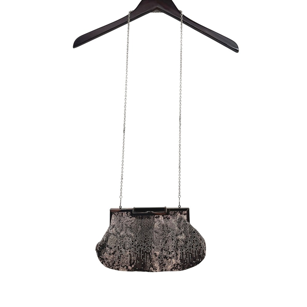 Cache Snakeskin Rhinestone Clutch Bag Silver Chain Strap Animal Print Gray Black